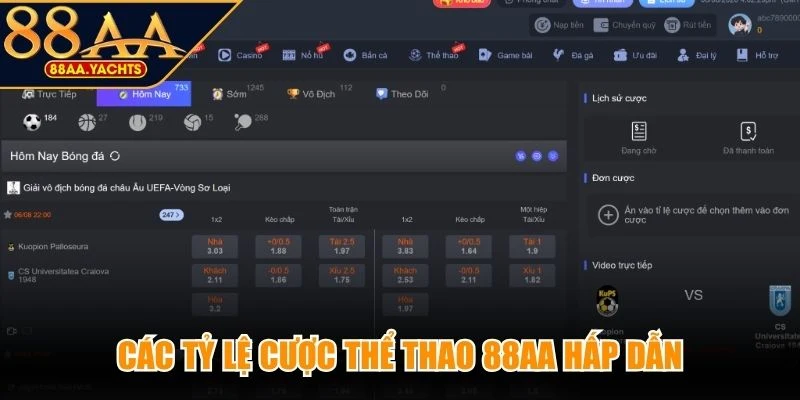 Các tỷ lệ cược thể thao 88AA hấp dẫn